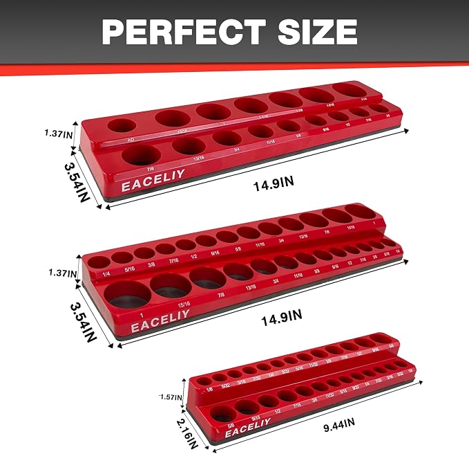 EACELIY Magnetic Socket Organizer Set,SAE Socket Holder Kit, Socket Trays，holds 68 Deep and Shallow 3/8" Sockets(sockets not included) 丨3PC 1/2",1/4" and 3/8"（Red）