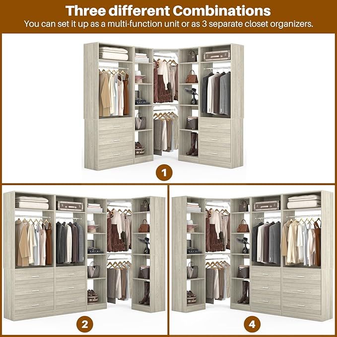 Besiost Corner Closet System with 6 Drawers, Closet Organizer System with 14 Shelves & 4 Hanging Rods, 87.2"L * 39.2"W / 63.2"L * 63.2"W Reversible L Shaped Walk-in Closets, Load 2500+LBS, White Oak
