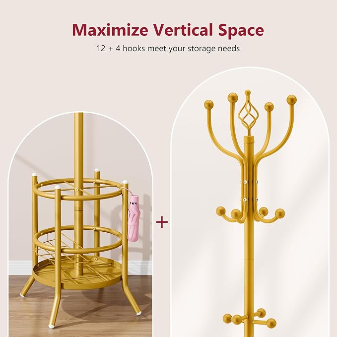 Tajsoon Coat Rack with Umbrella Holder, Coat Tree With 16 Hooks, Gold | 2-In-1 Design, Coat Rack Freestanding, Durable & Stable, Space-Saving, For Living Room, Bedroom, Office