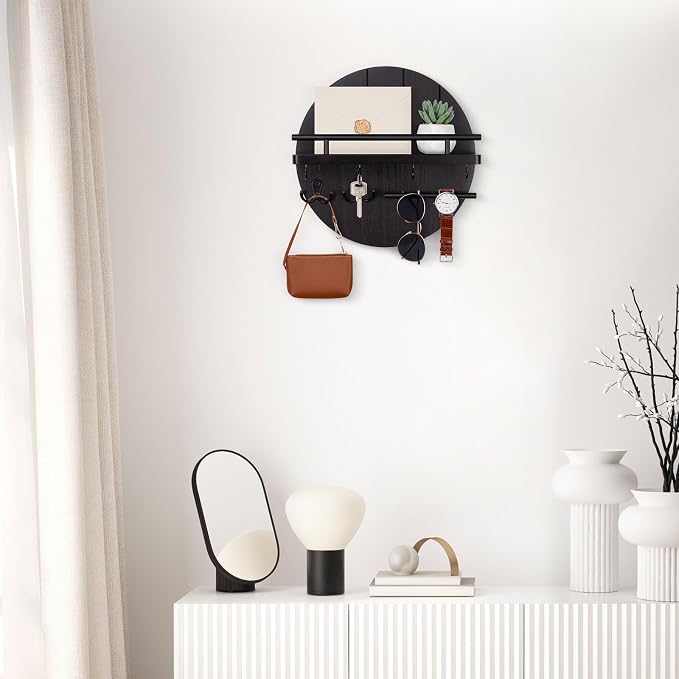 Nekon Rustic Key & Mail Organizer, Circular Wooden Key Hanger with 6 Hooks & Shelf - Wall Mount Entryway Hallway Kitchen (Black)