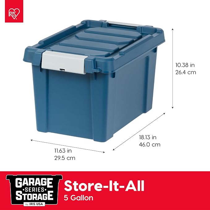 IRIS USA 6-Pack 5 Gal Heavy Duty Lockable Storage Totes with lids, Navy | Built for tools, hardware, emergency supplies and small equipment, Stackable design keeps spaces organized