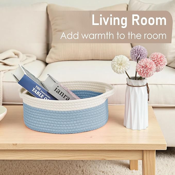 JMvicyroam Small Woven Basket, Empty Gift Basket, White&Blue/1 Pack | Small Gift Basket, Cotton Rope, 12 x 8 x 63 in, Handles, Includes Ribbon and Bag, Birthday Gift Basket