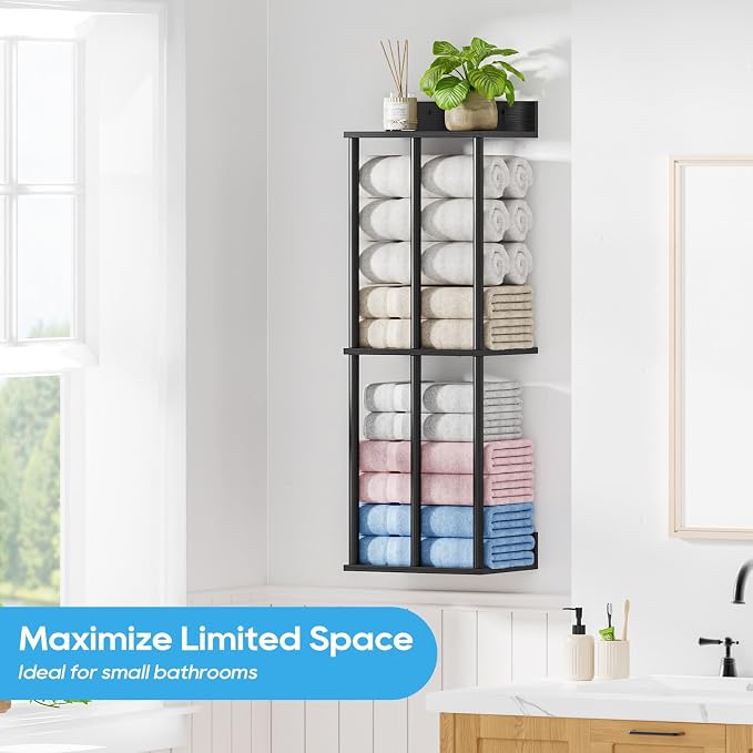 Towel Racks for Bathroom Wall Mounted with Wooden Storage Shelf | Updated 3 Bar Metal Towel Holder for Rolled Towels, Sturdy and Large Capacity, Towel Storage Organizer