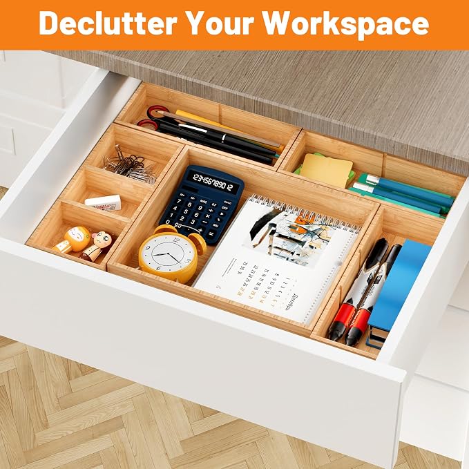 Bamboo Drawer Organizer, 10-Piece Stackable Trays with Removable Dividers | Junk drawer organizer, assorted tray sizes, 10-22 customizable compartments, nestable, kitchen utensils, bathroom, office