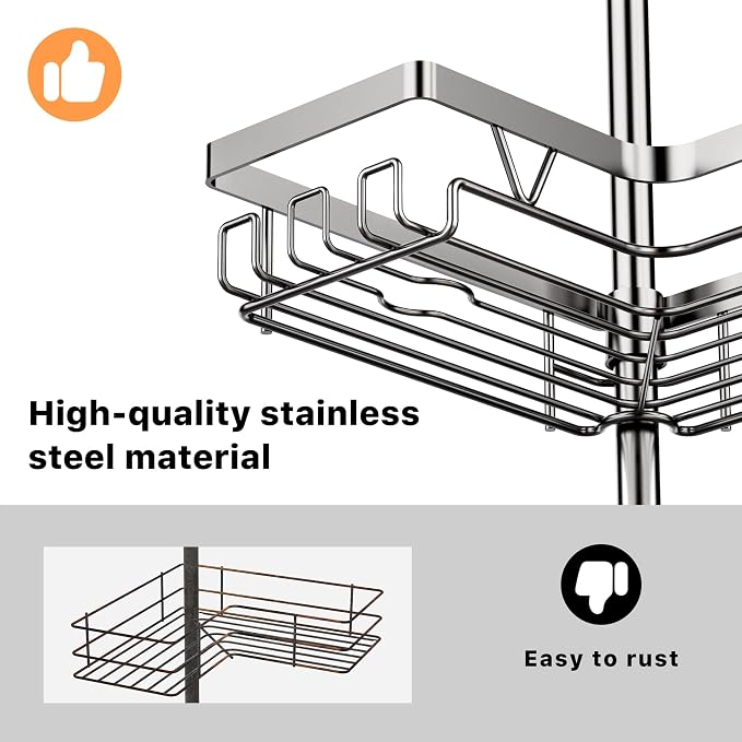 KEGII Corner Shower Caddy Tension Pole, Bathroom Organizer, Gunmetal Gray | 4-Tier Rustproof Storage with Soap Dish, Razor Holder and Hooks, Space-Saving Bathtub Shelf for Apartments and Families