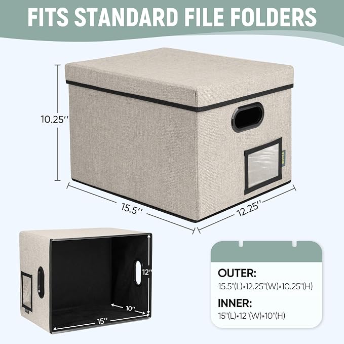 BALEINE File Organizer Box with Lid, Collapsible File Folder Organizer with Plastic Slide, Filing Box for Office Home Document Organizer Storage (Beige, 1PK)