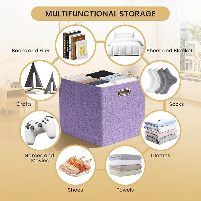 Posprica 3X Thicker Collapsible Storage Bins,13×15x13 Foldable Storage Cube Boxes Fabric Drawer for Closet Shelf Cabinet Bookcase, set of 4 (Purple)