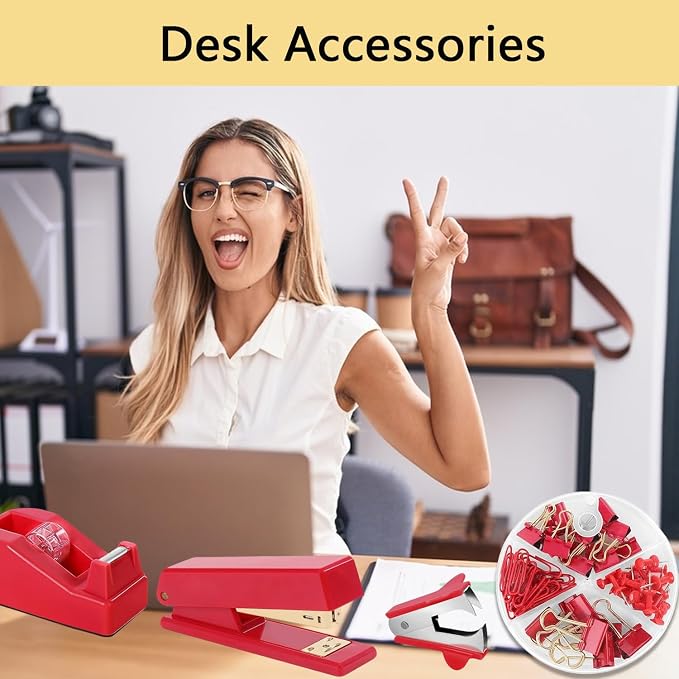 Office Supplies,Red Desk Accessories,Office Supplies Set,Stapler and Tape Dispenser Set,Scissors,Staple Remover,Binder Clips,Staples,Ballpoint Pen,Index Tabs with Ruler,Clear Tape.9pcs for Office