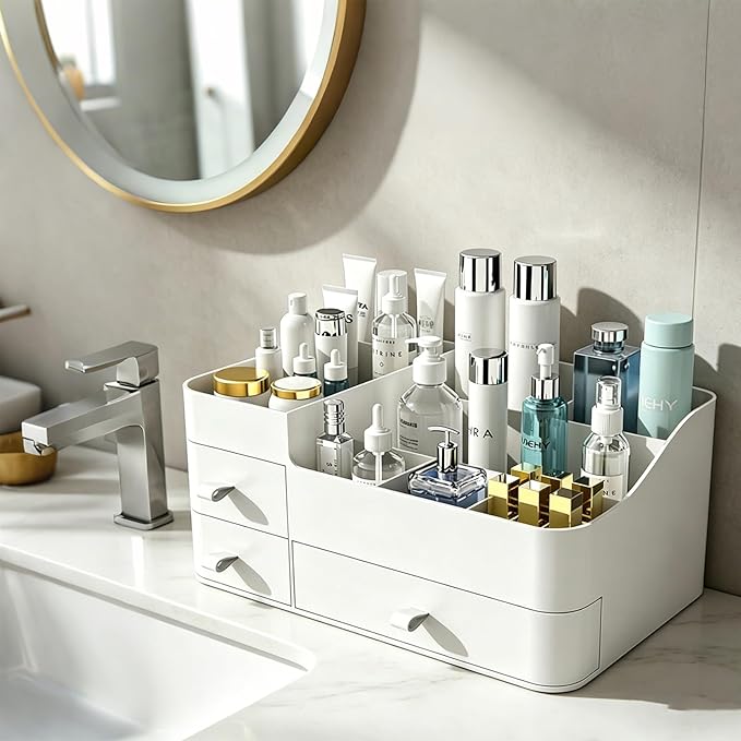 Makeup Organizer with 3 Drawers, Bathroom Counter Organizer. | Plastic Cosmetic Display Case, Ideal for Make Up, Skincare, Perfume; Suitable for Dresser Top, Vanity and Desk