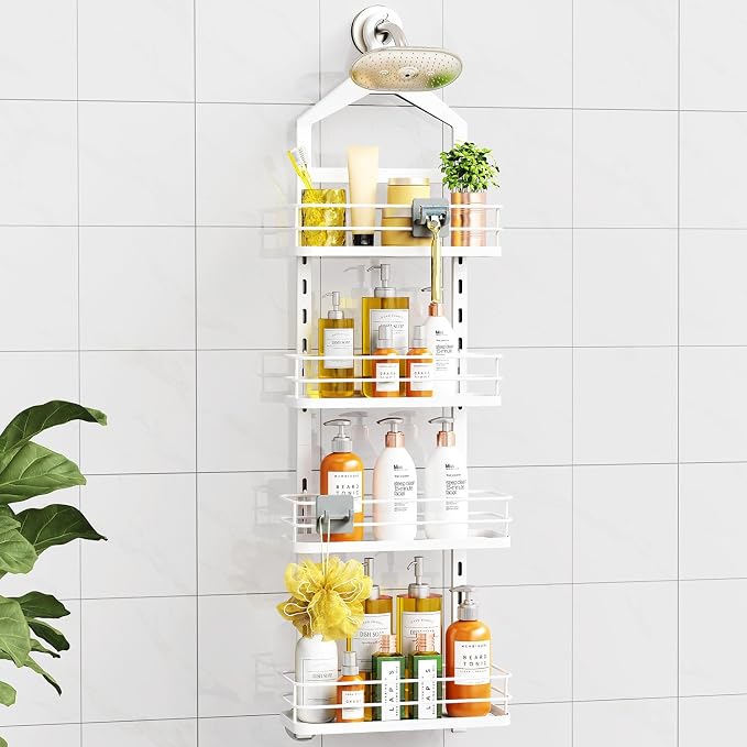 ODesign 4 Tier Adjustable Shower Rack Hanging Over Head Anti-Swing White | Shower organizer hanging,no drilling required,comes with removable hook and storage box, suitable for indoor showers