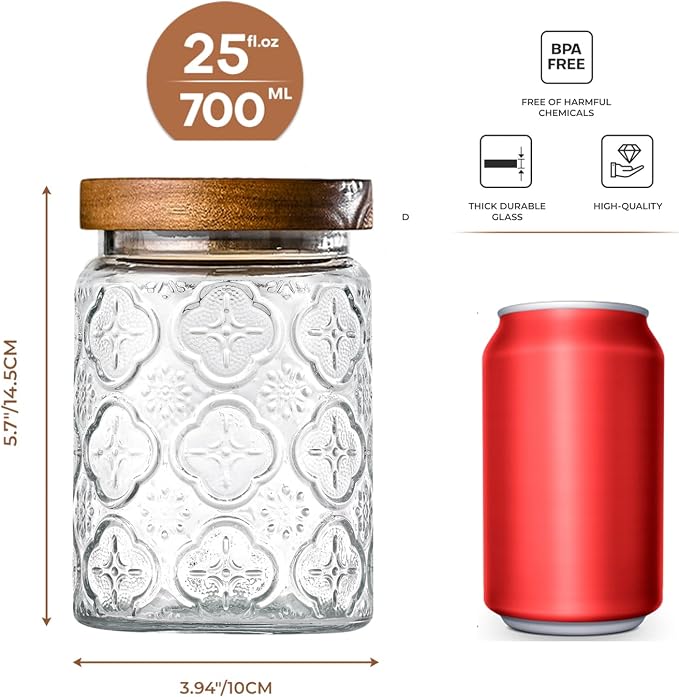 Glass Storage Containers With Lids, Glass Jars With Lids, 24oz, Set Of 3 | Airtight Glass Food Storage Containers, Kitchen Canisters For Sugar, Coffee, Tea, Spice, Flour, Candy, Pasta, Cereal