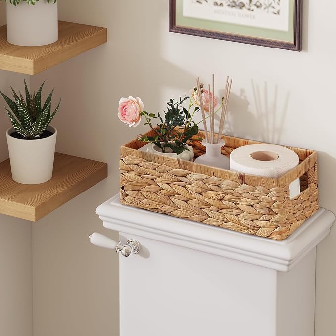 Wicker Storage Basket, Set of 2 Hand-Woven Water Hyacinth Wicker Baskets for Organizing Decor Storage Bins for Counter Shelves Pantry Basket Small Toilet Paper Basket for Toilet Tank Top