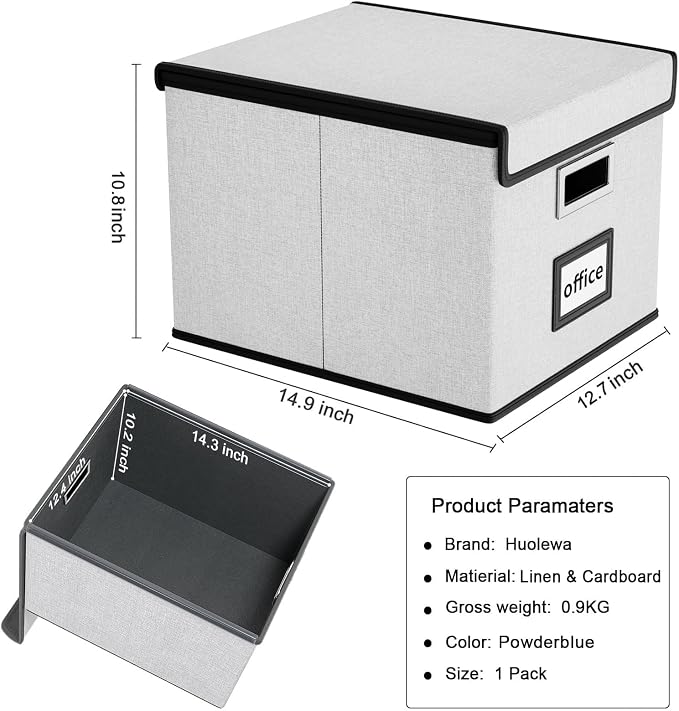 File Organizer Box with Lids, Collapsible File Folder Organizer | File Box with Plastic Slides for Document, Filing Bin for Letter Size Hanging File Folders (1 Pack, Light Gray)