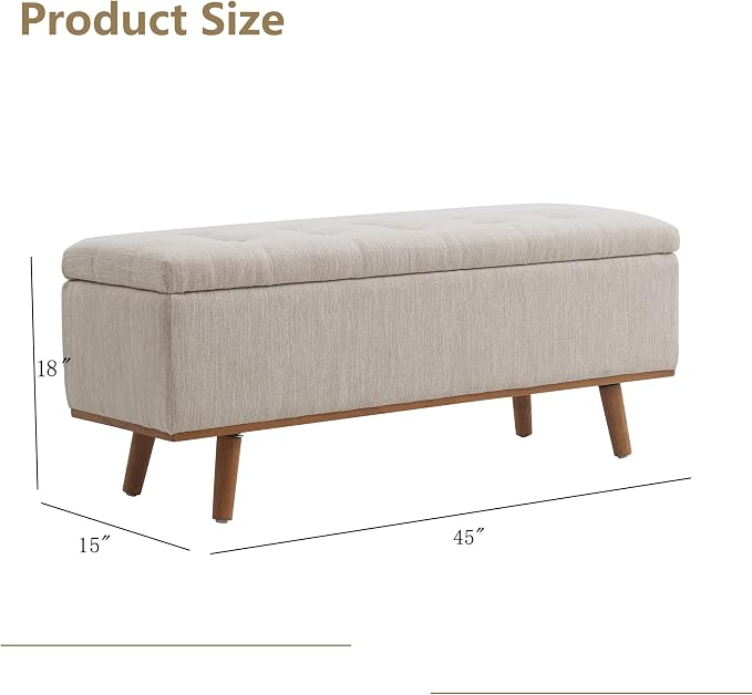Storage Ottoman Bench, 45" End of Bed Bench, Beige | Hidden Storage Space, Linen Upholstery, Padded Cushion Top, Solid Wood Legs, 350 LBS Weight Capacity