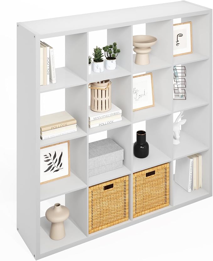 Furinno Simple Cube Storage Organizer, 16-Cube Display Shelf, Open Back Shelving Unit, Storage Shelves, Extra Thick Frame, for Organization and Storage, Living Room, Home Office, White