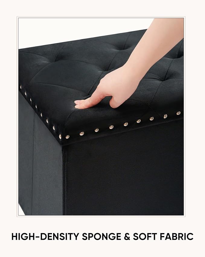 Velvet Storage Ottoman Bench, 43.3" Upholstered Tufted Ottoman with Storage, Folding Footrest Bench for Bedroom, Living Room, or Entryway, Black