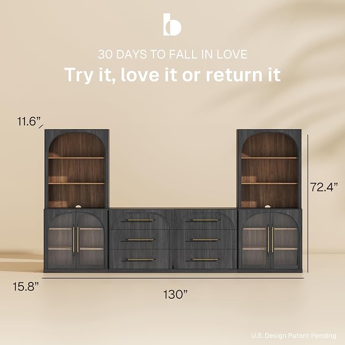 BELLEZE 6-Piece Modular TV Stand Set - 2 Arched Glass Door Sideboards, 2 Sideboards with Drawer, 2 Hutch Cabinets, Classic Modern Media Console Entertainment Center for Living Room (Ebony)