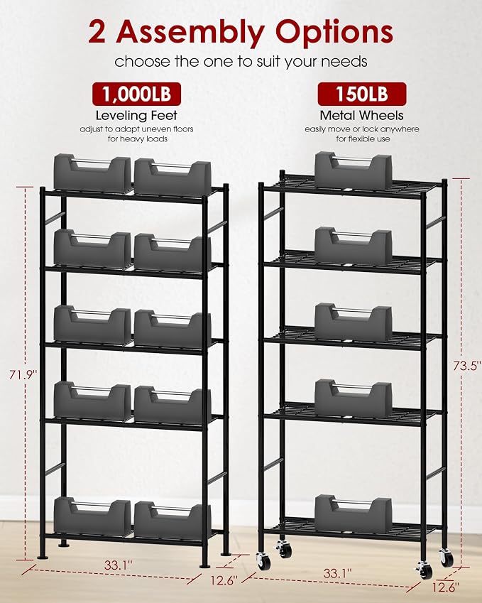 Sakugi 5-Tier Storage Shelves 33.1" x12.6" x73.5" Black with Wheels | Kitchen, Closet, Pantry, Garage, Heavy Duty, Adjustable Feet, Metal Construction