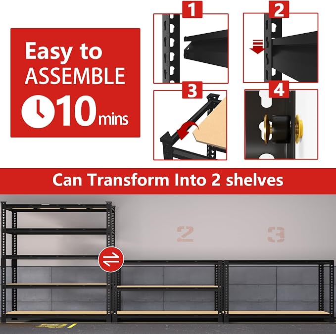 PrimeZone 60" W X 24" D X 72" H Heavy Duty Garage Storage Shelves, 3000 LBS | 5 Tier Adjustable Metal Shelf, 15 Support Beams, Solid Steel Frame, Freestanding, Storage for Basement, Warehouse, 2 Pack