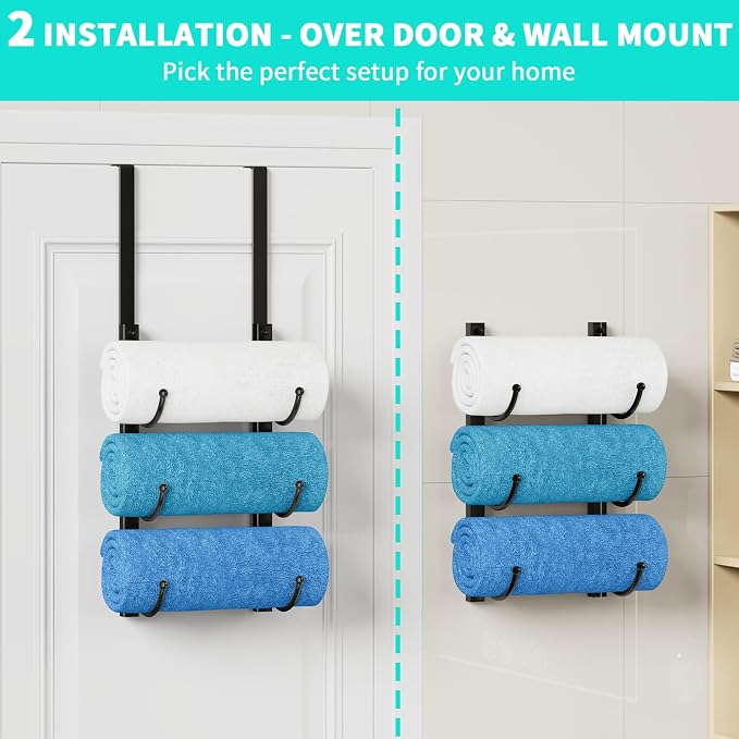 HapiRm Rolled Towel Racks for Bathroom - 3-Tier Over The Door & Wall Mounted Bathroom Towel Storage, Hanging Metal Organizer for Towels & Bath Sheets, Space Saving Rack for Bathroom, Camper, RV, Black