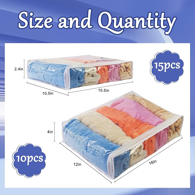 25Pcs Clear Vinyl Zippered Storage Bags - Blanket & Bed Sheet Organizer for Closet Linen & Sweater
