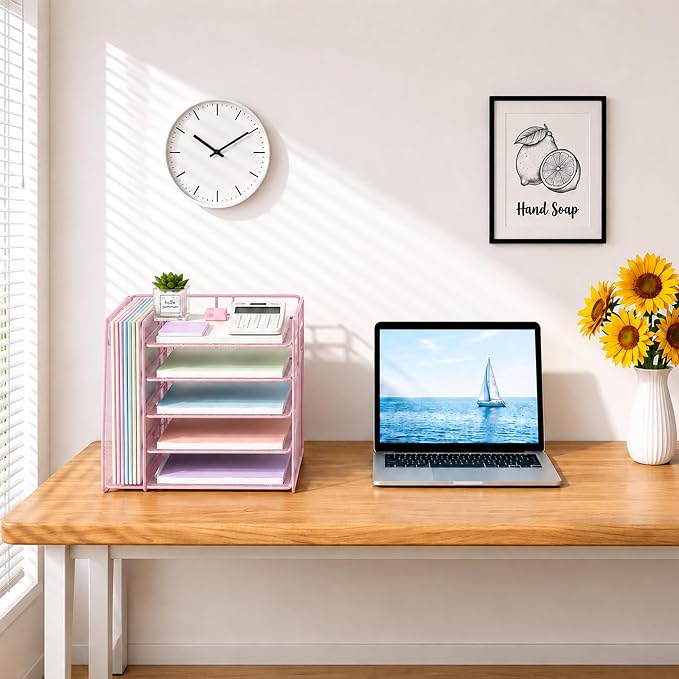 OPNICE Desk Organizer, 5-Tier Paper Organizer Letter Tray with Magazine Holder, Office Desk Accessories & Workspace Organizers, Desktop File Organizer for Office Supplies Storage, Pink