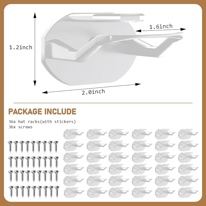 Niunuerga 36 Pack Adhesive Hat Hooks for Wall, Super Strong Hat Rack for Baseball Caps, Minimalist Hat Organizer Display for Home Decor, Hat Hangers Holder for Wall, Door, Closet, No Drilling (White)