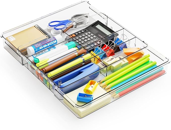 Yieach Expandable Desk Drawer Organizer Tray,1.8 Inch High Junk Drawer Organizer for Kitchen,Clear Shallow Office Drawer Organizers With 10 Compartments for Pencil,Pen,Office Supplies and Accessories