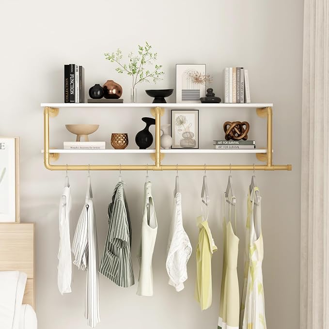 ORSENIGO Industrial Pipe Clothing Rack with Shelves, Gold Wall Mounted Clothes Rack Heavy Duty Display Garment Rack for Home Retail
