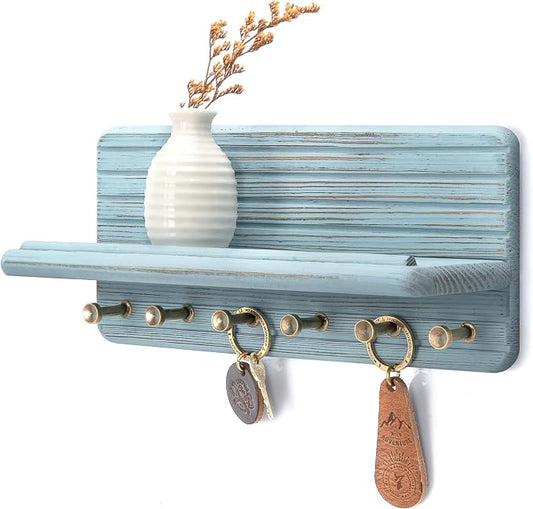 Rebee Vision Key Holder Wall Mount with 6 Key Hooks for Home Decor, Blue | 6 Key Hooks,Pine Wood, Key Holder for Wall, Floating Shelf, Mail Organizer, Apartment Essential for Room Improvement