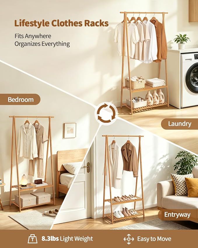 Bamboo Clothing Rack with Shelves, Wood Garment Rack for Hanging Clothes | Small Space Corner Clothes Hanger Rack with 2 Hooks,Freestanding Open Wardrobe Closet Rack in Bedroom,Entryway,Apartment