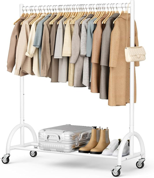 MISSLO Heavy Duty Clothing Rack with Wheels Rolling Clothes Racks for Hanging Clothes, Coats, Garment, Dress, White