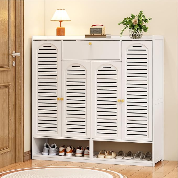 Shoe Cabinet with Louvered Doors, Freestanding Entryway Shoe Storage Cabinet with Drawer & Open Compartment, Modern Bamboo Shoe Rack Organizer with Thickened Adjustable Shelves for Closet