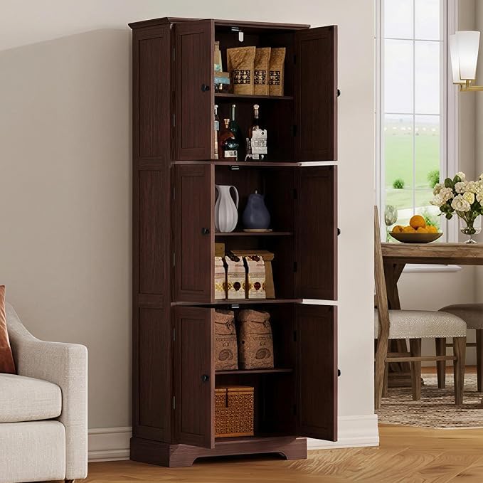 ChooChoo 63.2" Tall Bathroom Storage Cabinet with 6 Doors | Freestanding Floor Cabinet, Adjustable Shelves, Pantry Cabinet for Bathroom, Kitchen, Laundry Room, Rustic Walnut