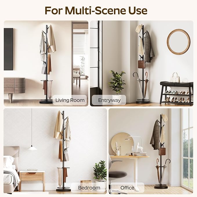 Coat Rack Freestanding with Umbrella Holder, Coat Rack Stand with 8 Hooks, Heavy Duty Coat Tree for Entryway, Modern Clothing Rack, Metal Coat Hanger Stand for Bedroom, Office, Black YM03BB