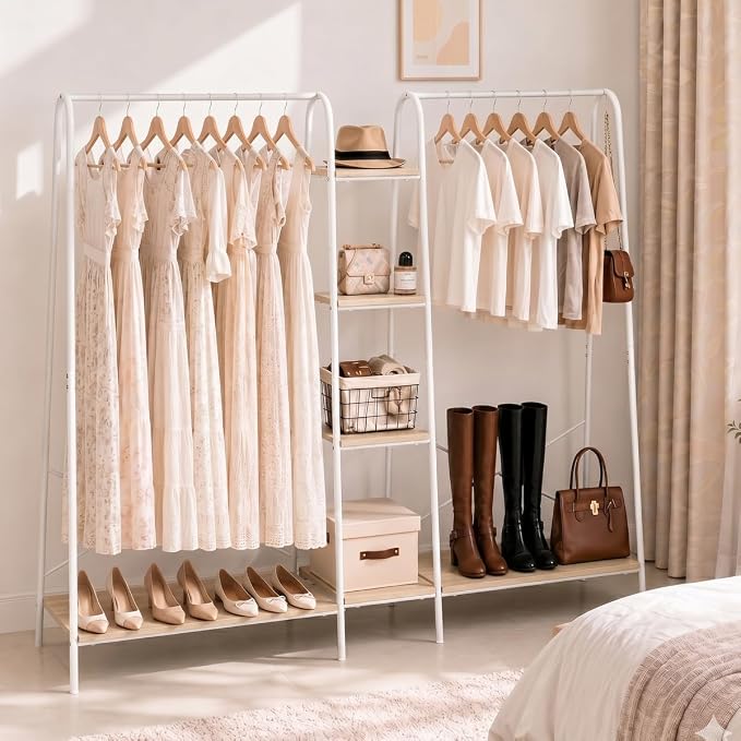 Finnhomy Clothes Rack for Hanging Clothes Freestanding Clothing Rack with 6 Wood Storage Shelves & 2 Rods Heavy Duty Garment Rack Portable Wardrobe Closet Organizer for Bedroom Closet Boutique,White