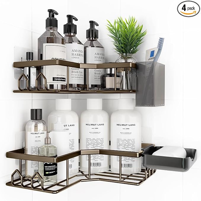 Adhesive Shower Caddy, 4 Pack Corner Bath Organizer, Rustproof Stainless Steel Shower Shelves with Large Capacity, No Drilling Shelves for Bathroom Storage, Home, Kitchen Decor(Brown).