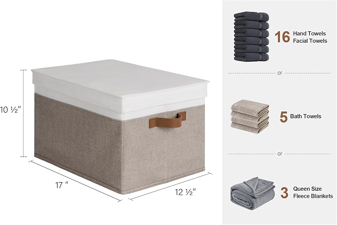 StorageWorks Fabric Storage Bins with Lids, Decorative Storage Bins with PU Handles, Foldable Storage Baskets for Closet, Shelves, Stackable and Sturdy Organization, Brown and White, Jumbo, 3-Pack