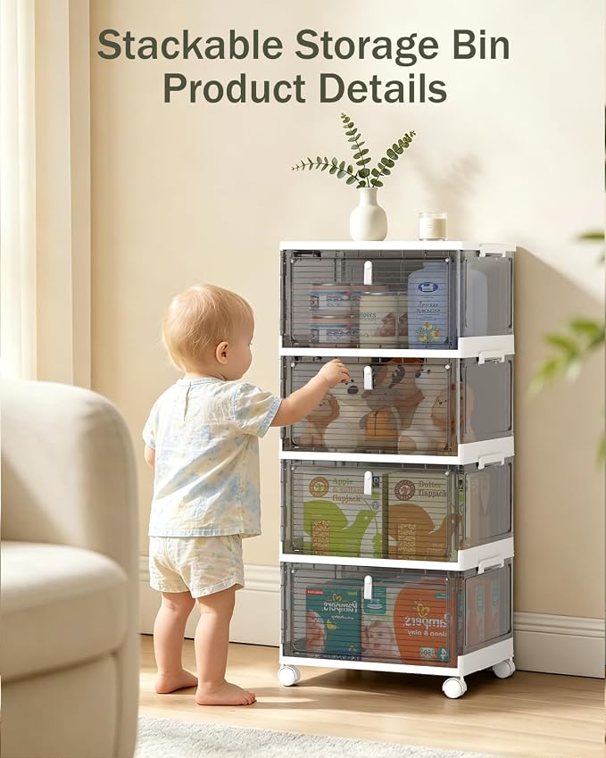 23QT Stackable Storage Bins with Lids and Wheels, 4 Tier 92QT Foldable Plastic Storage Drawers with Magnetic Doors, 4 Pack Collapsible Closet Organizer for Bedroom Office, Clear Gray