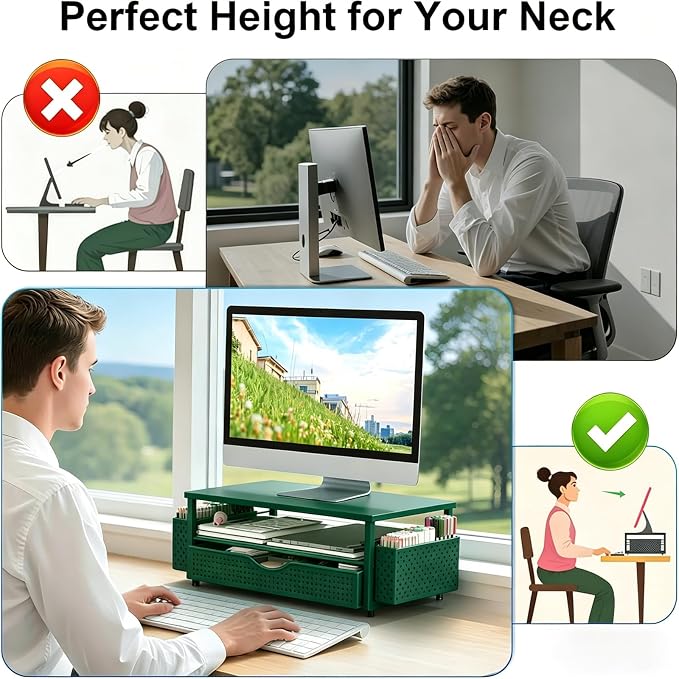 Spacrea Desk Organizer and Accessories, Computer Monitor Stand Riser with Drawer and 2 Pen Holders, Office Desk Accessories & Workspace Organizers for Office Supplies (Dark Green)