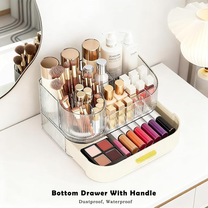 Makeup Organizer Countertop with 360 Rotating Brush Holder, Make Up Organizers For Vanity With Drawer, Bathroom Countertop Skincare Organizer And Storage