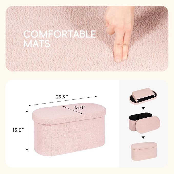 PINPLUS Storage Ottoman Bench Tufted Oval Ottomans for Living Room Foot Rest, Chest Box Velvet Bench with Storage, Pink 30"x15"x15" (Pink)