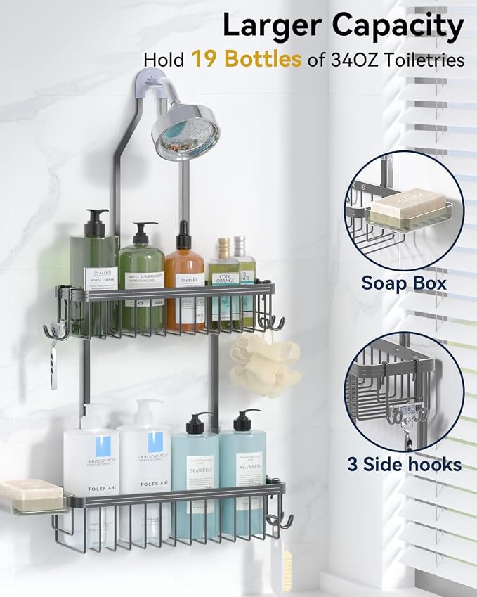 YASONIC Never Rust Shower Caddy Hanging, Aluminum Shower Racks for Inside Shower, 2-Tier Shower Organizer Hanging Over Shower Head with Hooks and Soap Holder, Grey