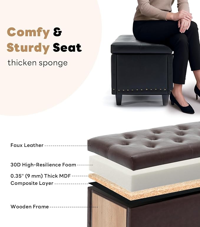 Tbfit Long Ottoman with Storage, 50.8" Faux Leather End of Bed Bench with Safety Hinge, Entryway Benches Large Storage Ottoman Bench for Bedroom, Living Room, Holds up to 660 lb(Dark Brown)