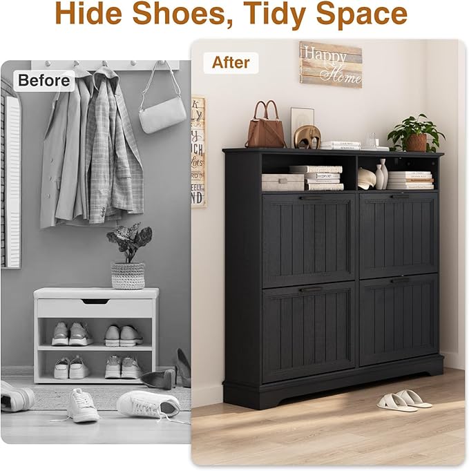 Hidden Shoe Storage Cabinet with 4 Flip Drawers & Open Storage | Farmhouse Modern Shoes Rack Cabinet,Adjustable Shelves ,Narrow Slim Shoe Organizer for Front Door Entrance, Entryway, Black