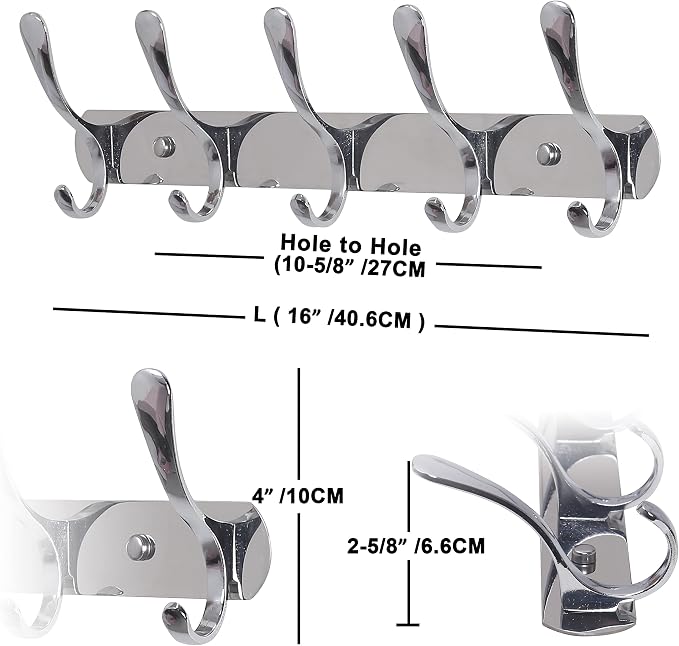 SKOLOO Modern Metal Wall Coat Rack with 5 Hooks, Sturdy Wall Hook Rack for Hanging Jacket, Clothes, Hat, Silver