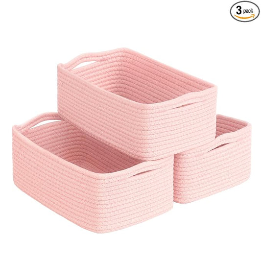 Goodpick 3-Pack Small Storage Baskets, Dorm Decor, 11 x 7 x 4.5 in | Woven Baskets for Shelves, Closet Organizer Bins,Empty Baskets for Gifts, Woven Basket for Play Room, Pink