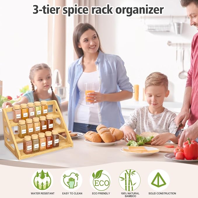 Spice Rack - Tiered Spice Rack Organization for Cabinet - 3 Tier Bamboo Display Spice Shelf for Countertop