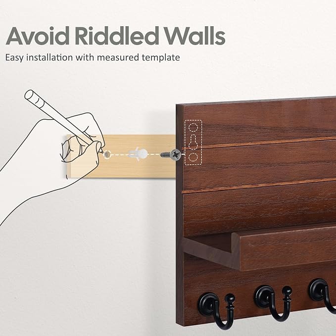 HONJIN Mail and Key Holder for Wall: Easy Installation Modern Mail Holder Wall Mount Key Shelf for Hallway Living Room House Decoration (Brown)