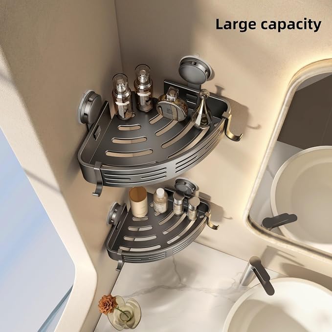 VOLPONE Corner Shower Caddy Suction Cup Shower Shelf Corner No Drilling Bathroom Shower Organizer Storage Rack Adhesive Without Towel Bar (2-Pack, Gray)